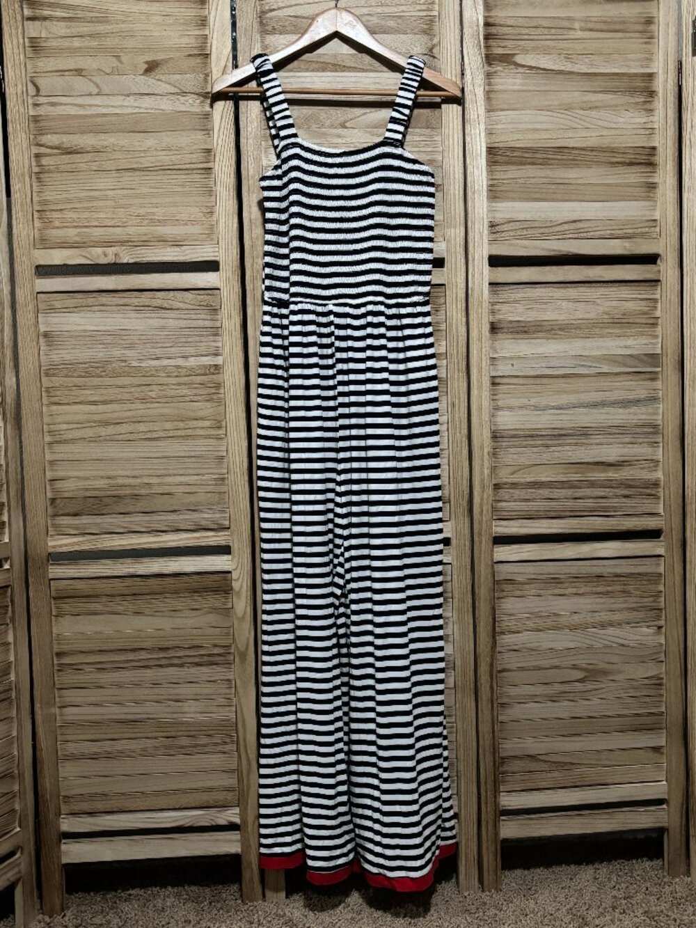 Dokotoo Striped Smocked Wide Leg Jumpsuit M NWT Nautical Navy White Red